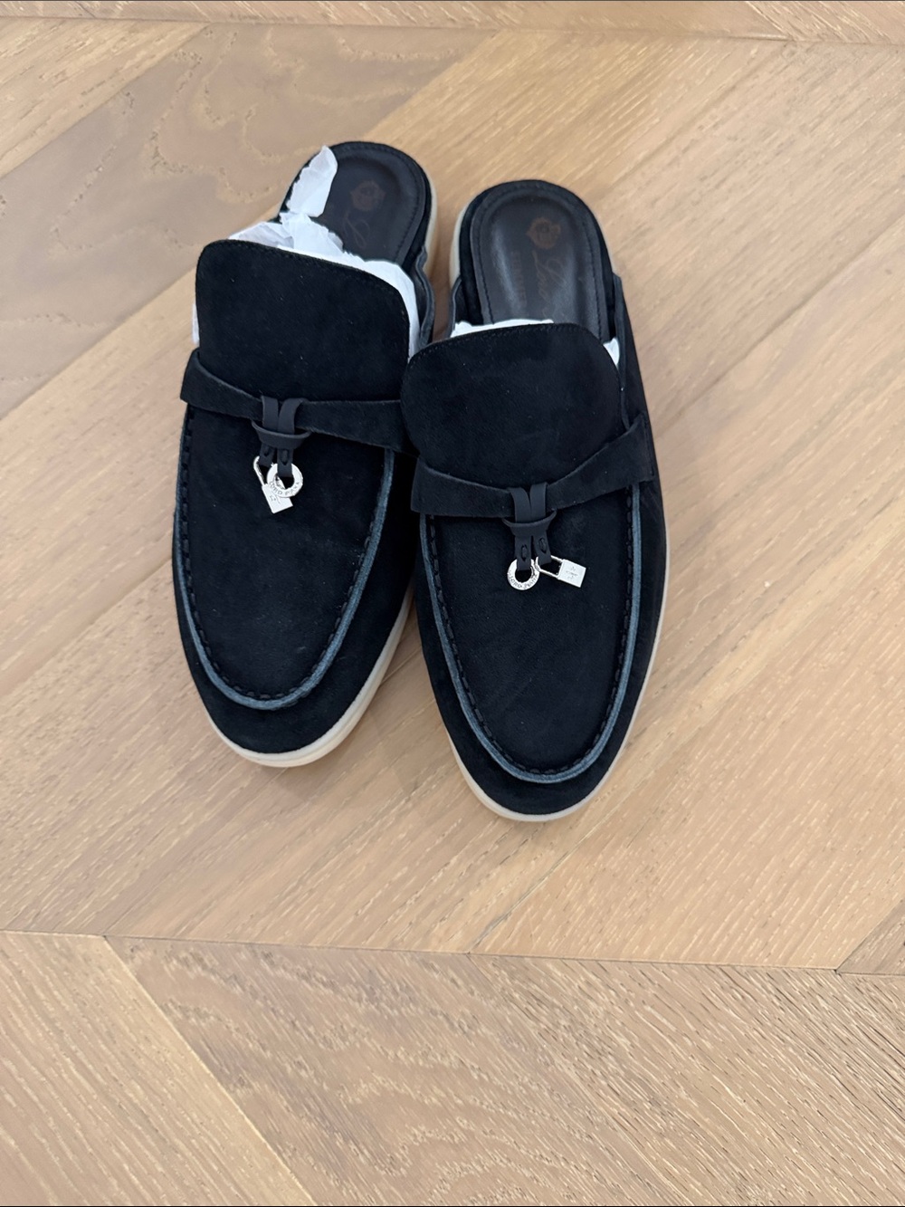 Black Suede Slip-On Loafers with Silver Hardware